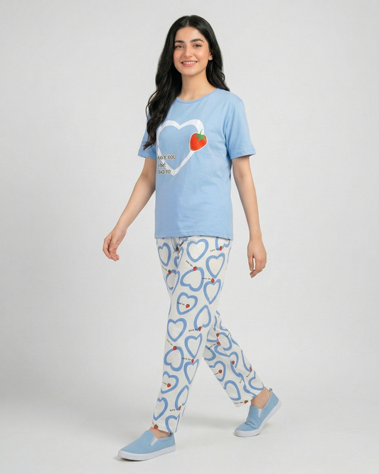 Women’s Sky Blue Heart Print Tee & Trouser Co-Ord Set