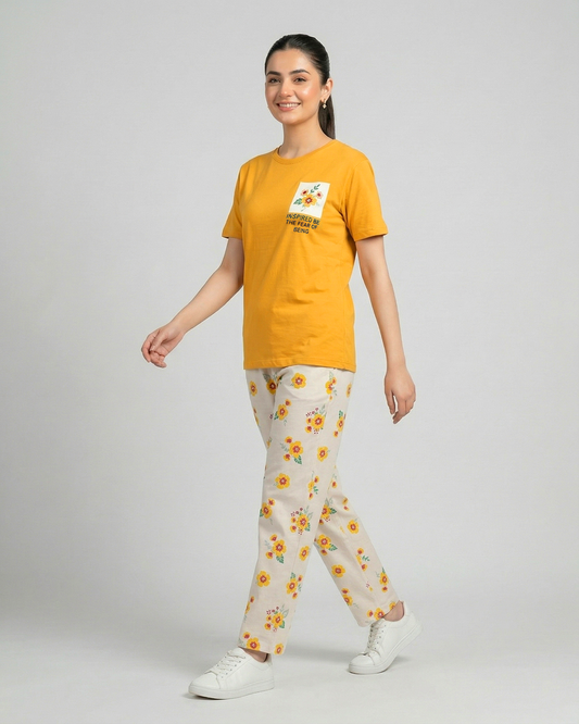 Women’s Mustard Graphic Tee & Floral Trouser Co-Ord Set