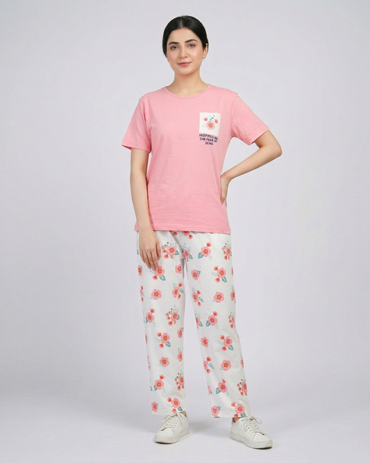 Women’s Blush Pink Floral Tee & Printed Trouser Co-Ord Set