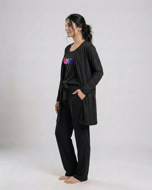 Women's 3 Pieces Night Suit - Multi Love | Black