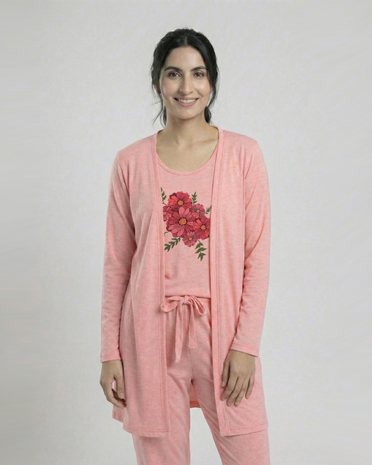 Women's 3 Pieces Night Suit - Flower | Baby Pink