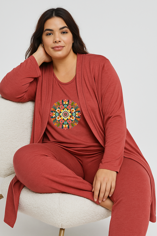 Women’s 3 Piece Nightwear Lounge Set with Multi Pattern Print | Plus Size Loungewear