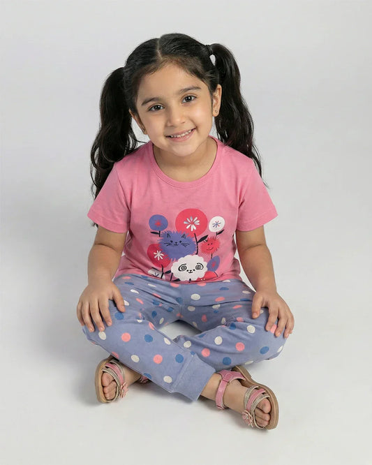 Girls' Cute Cat & Flower Print Pajama Set - Short Sleeve