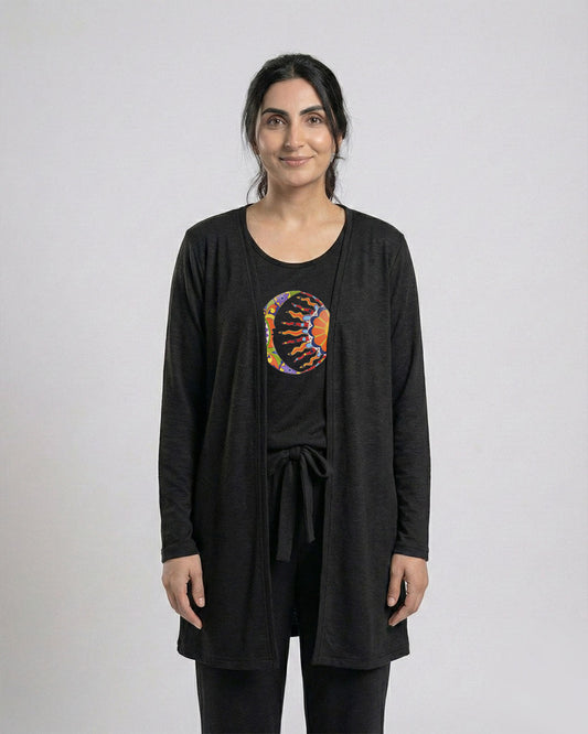 Women's 3 Pieces Night Suit - Moon & Sun | Black