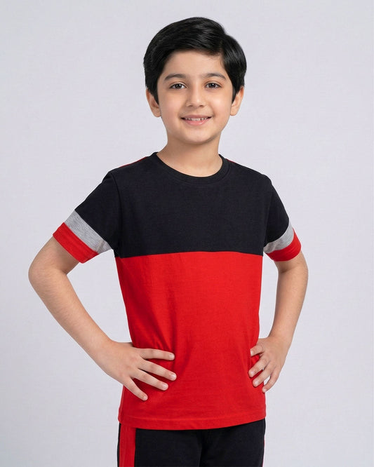 Maroon Panel Kids Set - T-Shirt and Pants