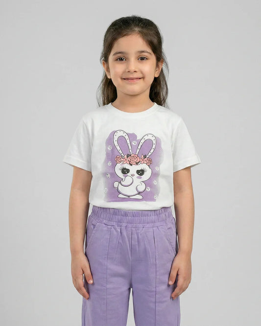 Bunny Blossom Tee & Lilac Pants Set – Girls Summer Outfit