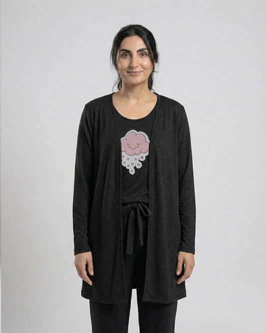Women's 3 Pieces Night Suit - Pink Cloud | Black