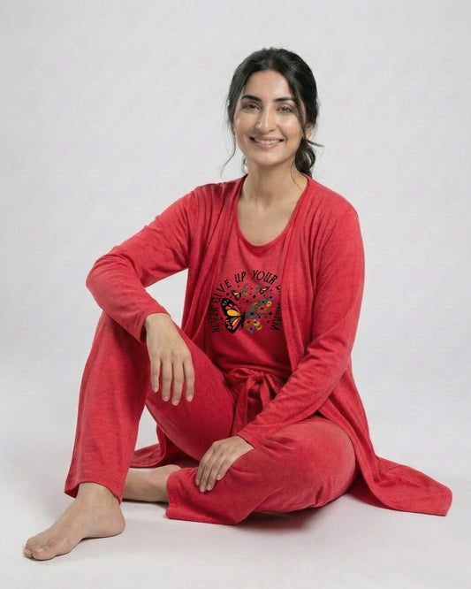 Women's 3 Pieces Night Suit - Never Give Up | Red