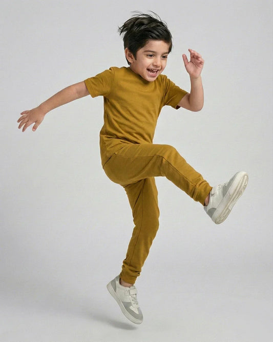 Kids Mustard Cotton T-Shirt & Trouser Co-Ord Set