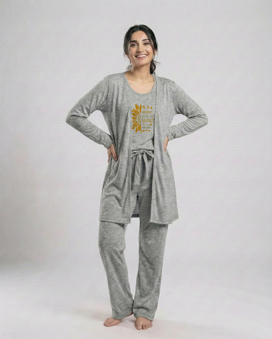 Women's 3 Pieces Night Suit - Sun Roses | Grey
