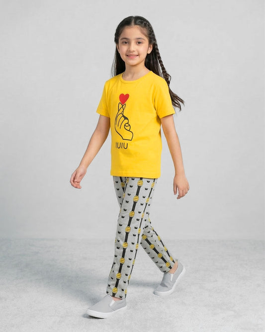 Kids Yellow Heart Print Night Suit