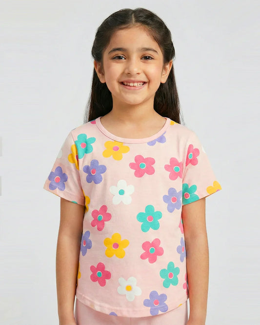 Blossom Breeze Girls Floral Top & Pink Flare Pants Set