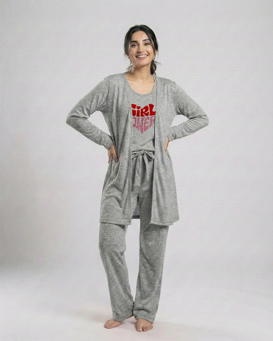 Women's 3 Pieces Night Suit - Girl Power | Grey