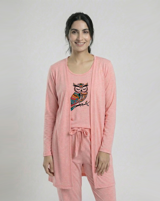 Women's 3 Pieces Night Suit - Owl | Baby Pink