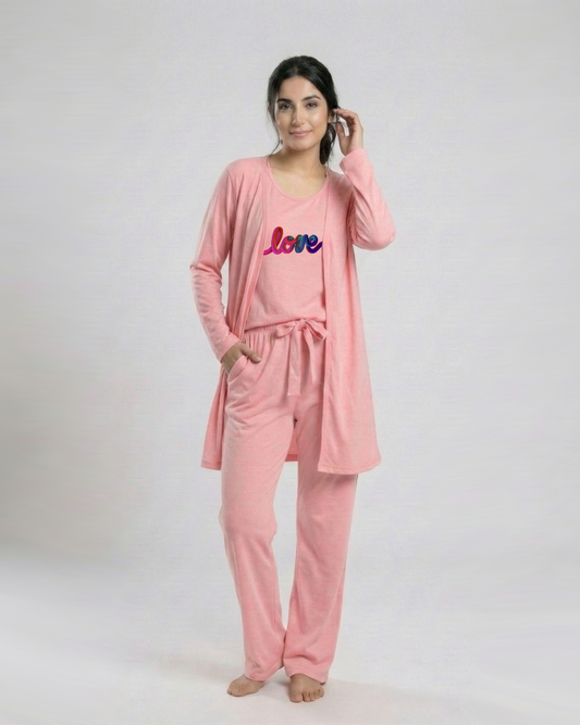 Women's 3 Pieces Night Suit - Multi Love | Baby Pink