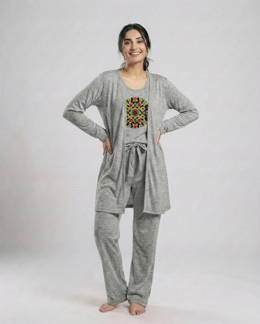 Women's 3 Pieces Night Suit - Multi Pattern | Grey