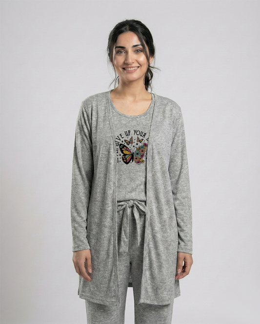 Women's 3 Pieces Night Suit - Never Give Up | Grey