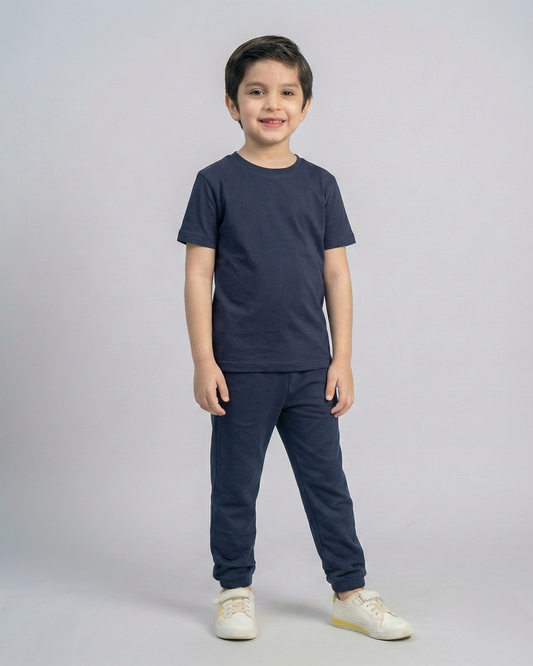 Kids Navy blue Cotton T-Shirt & Trouser Set