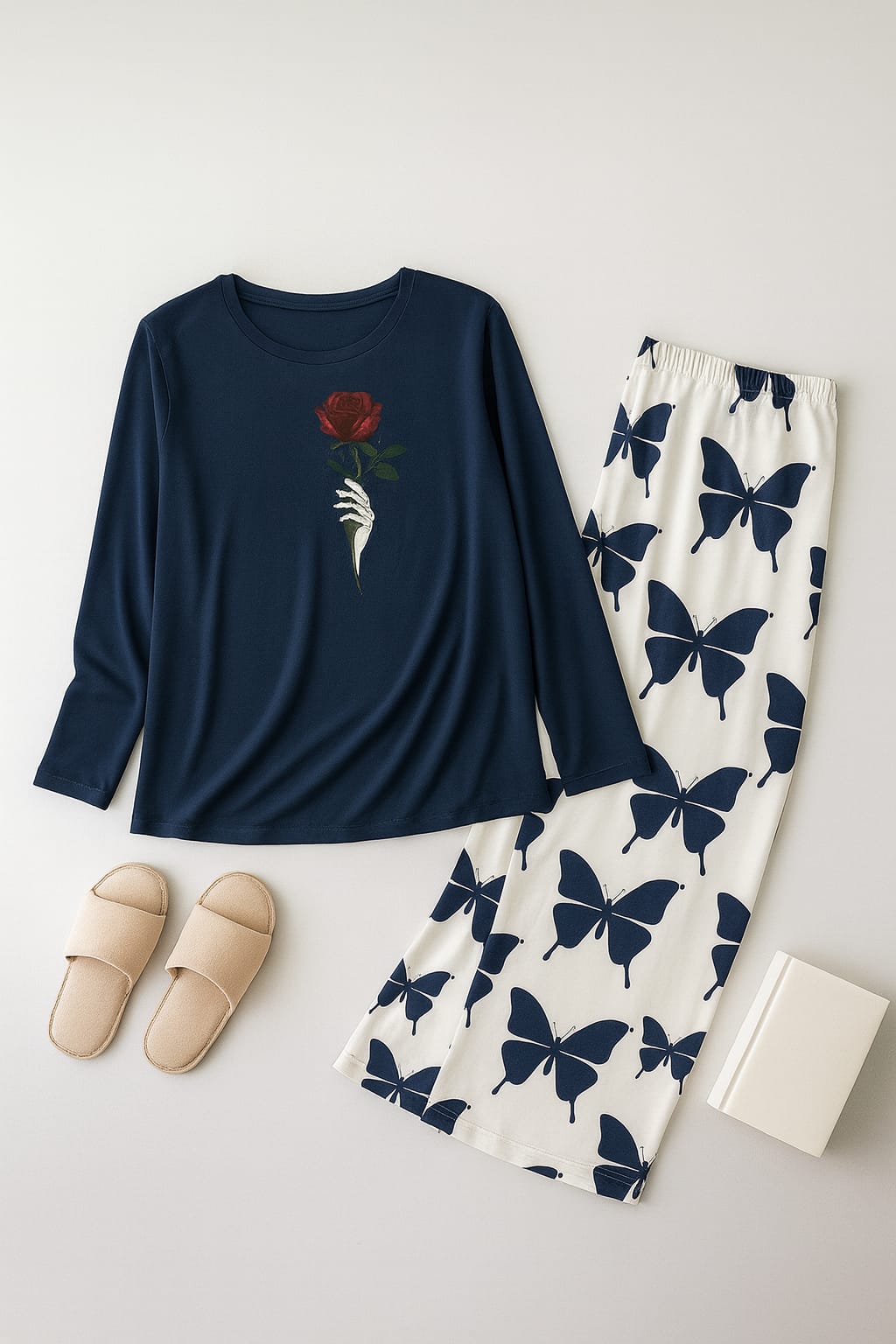 Rose Flower Printed Navy blue Shirt With butterfly Printed Palazzo Night Suit