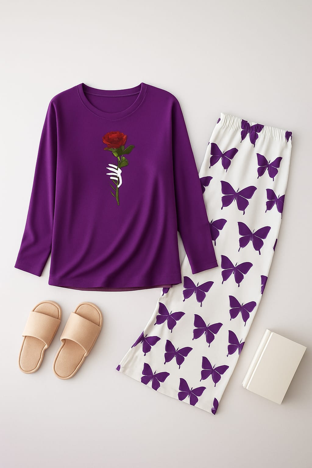 Rose Flower Printed purple Shirt With butterfly Printed Palazzo Night Suit
