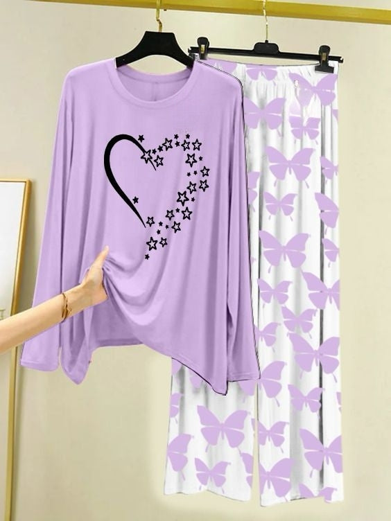 Starlight Heart Printed Light Purple Shirt with Butterfly Printed Palazzo Night Suit