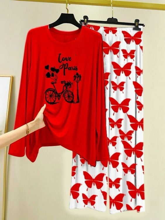 Love in Paris Printed Red Shirt with Butterfly Printed Palazzo Night Suit