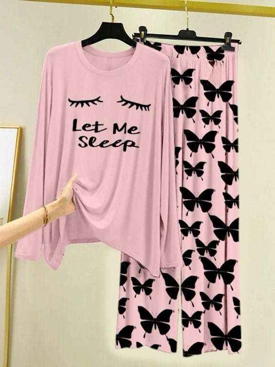 Let me Sleep Printed Pink Shirt with Butterfly Printed Palazzo Night Suit