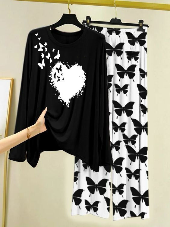 Butterfly Bloom Printed Black Shirt with Butterfly Printed Palazzo Night Suit