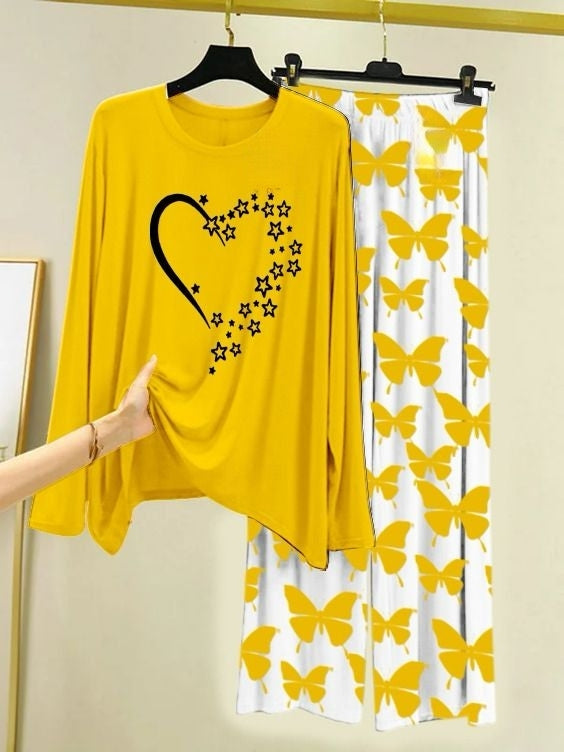 Starlight Heart Printed Yellow Shirt with Butterfly Printed Palazzo Night Suit
