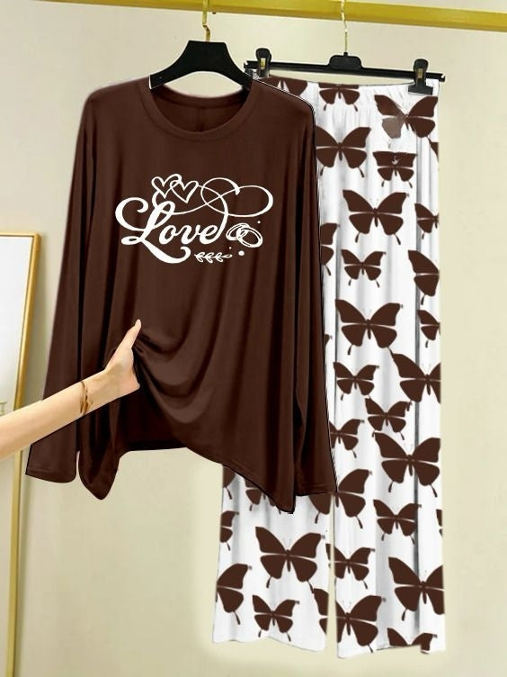 Love Script Printed Brown Shirt with Butterfly Printed Palazzo Night Suit