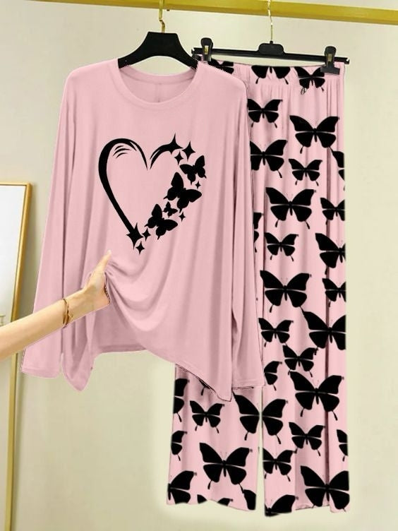 Fluttering Heart Printed Pink Shirt with Butterfly Printed Palazzo Night Suit