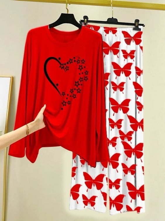 Starlight Heart Printed Red Shirt with Butterfly Printed Palazzo Night Suit