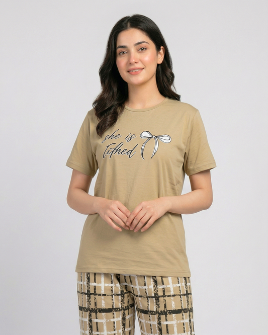 Women’s Beige Graphic Tee & Checkered Trouser Co-Ord Set