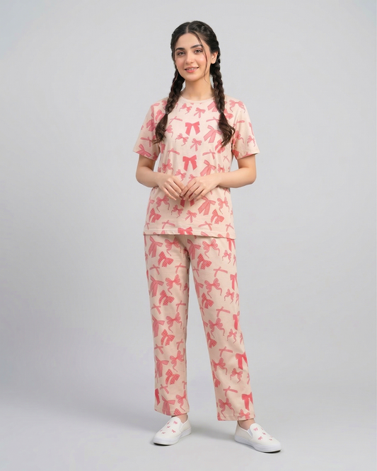 Women’s Peach Bow Print Tee & Trouser Co-Ord Set