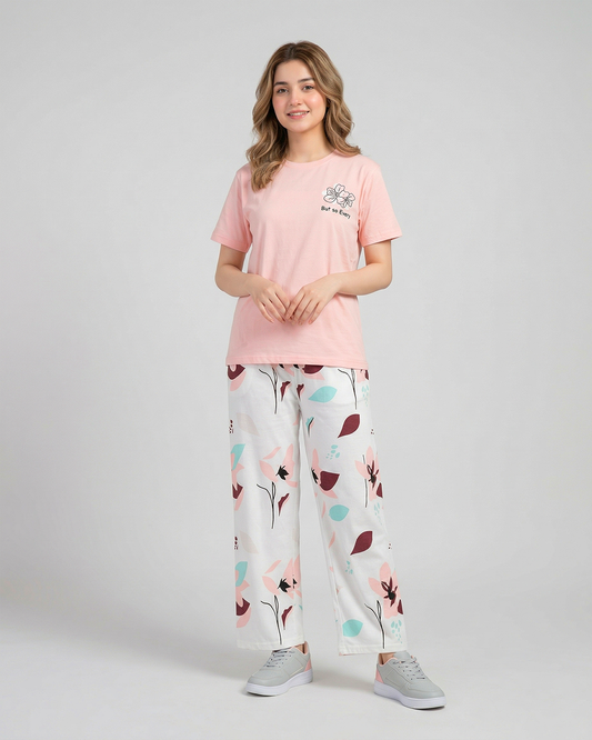 Women’s Soft Pink Tee & Floral Printed Trouser Co-Ord Set