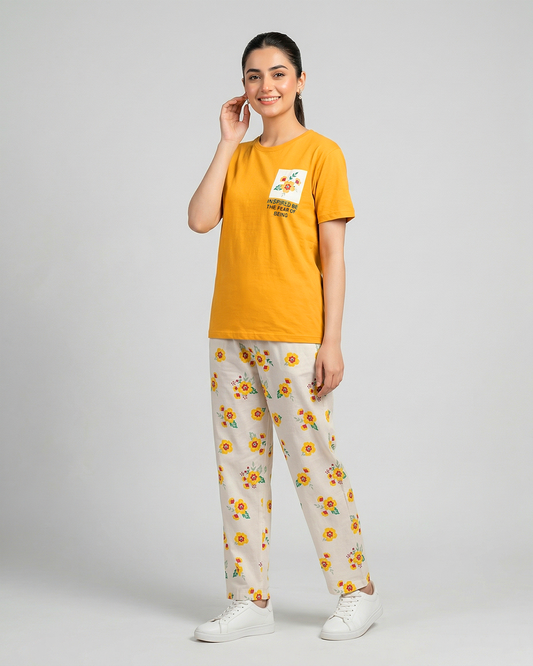 Women’s Mustard Graphic Tee & Floral Trouser Co-Ord Set