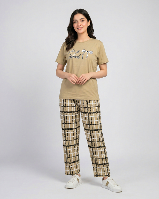 Women’s Beige Graphic Tee & Checkered Trouser Co-Ord Set