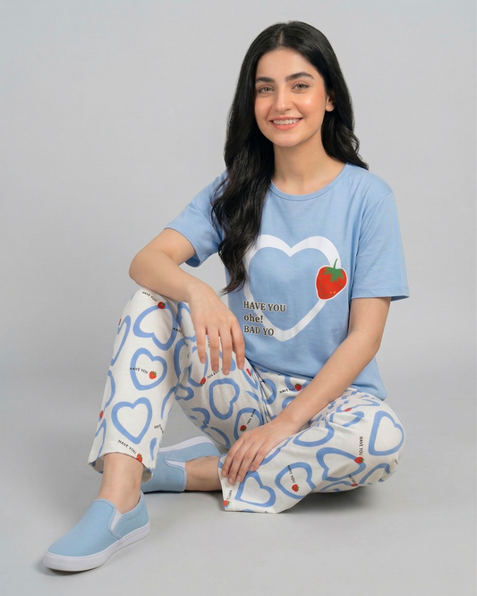 Women’s Sky Blue Heart Print Tee & Trouser Co-Ord Set