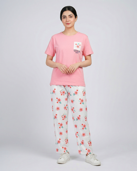 Women’s Blush Pink Floral Tee & Printed Trouser Co-Ord Set