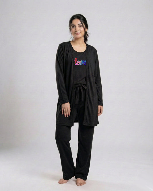 Women's 3 Pieces Night Suit - Multi Love | Black
