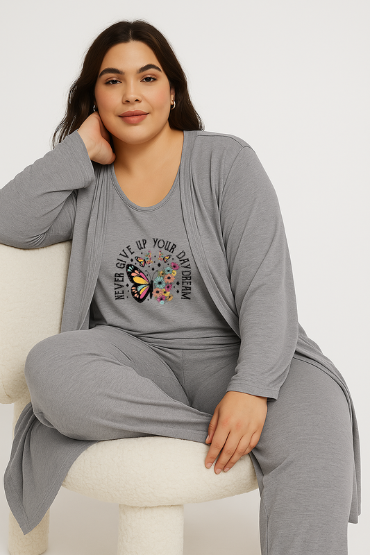 Women’s 3 Piece Nightwear Lounge Set with Never Giveup Print | Plus Size Loungewear