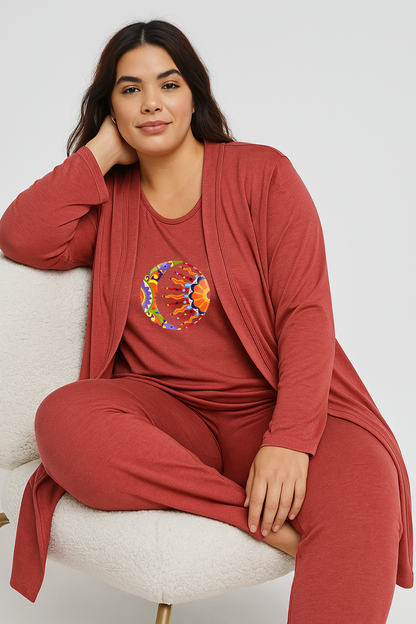 Women’s 3 Piece Nightwear Lounge Set with Moon & Sun Print | Plus Size Loungewear