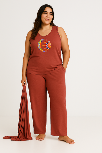 Women’s 3 Piece Nightwear Lounge Set with Moon & Sun Print | Plus Size Loungewear