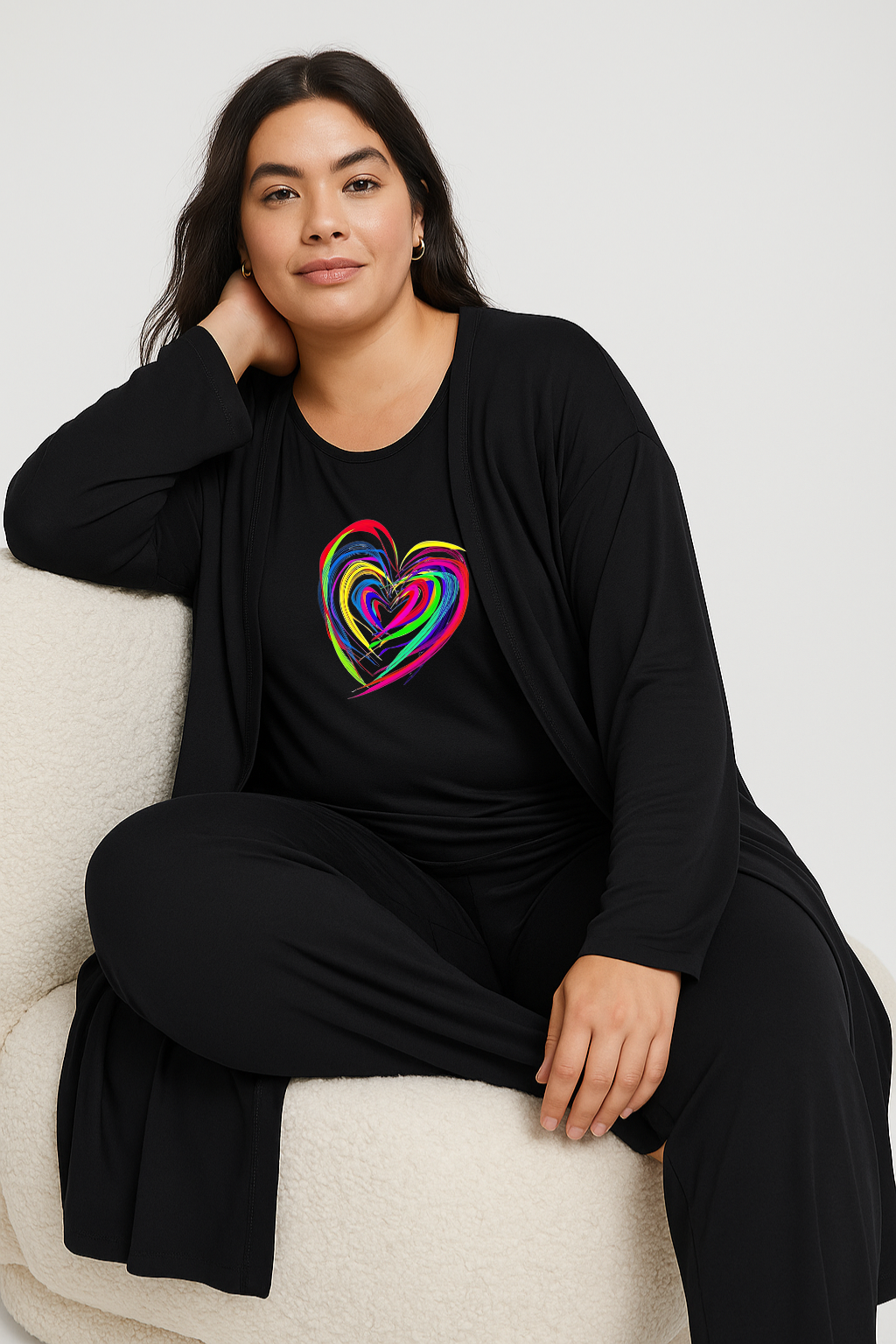 Women’s 3 Piece Nightwear Lounge Set with Neon Heart Print | Plus Size Loungewear