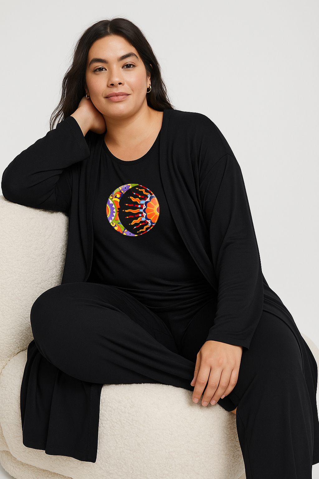 Women’s 3 Piece Nightwear Lounge Set with Moon & Sun Print | Plus Size Loungewear