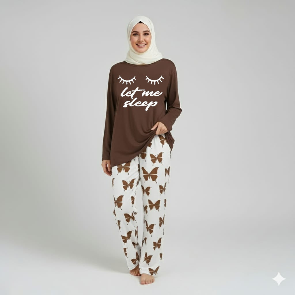 Let me Sleep Printed Brown Shirt With butterfly Printed  Palazzo Night Suit