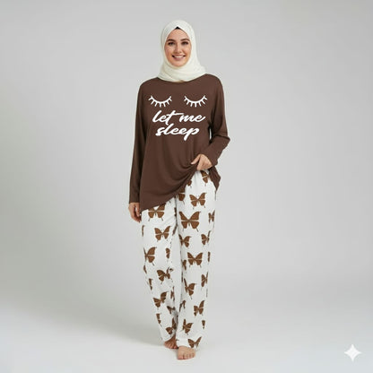 Let me Sleep Printed Brown Shirt With butterfly Printed  Palazzo Night Suit