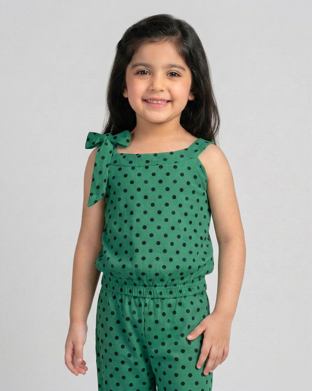 Girls Green Polka Dot Sleeveless Jumpsuit