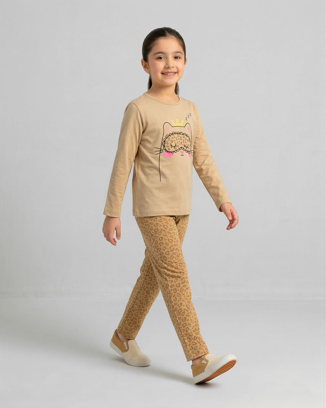 Girls Beige Cat Printed Night Suit