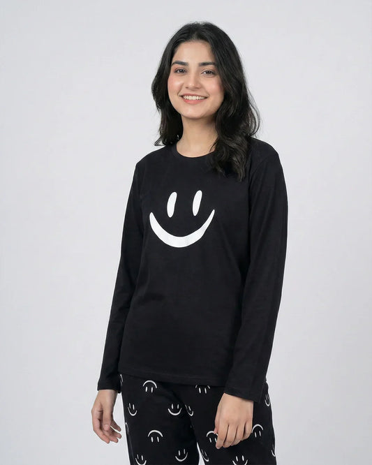Smile Printed Nightsuit - Black